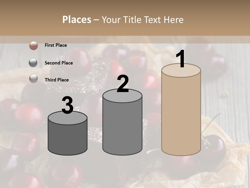 A Piece Of Cake With Cherries And A Cup Of Tea On A Wooden Table PowerPoint Template