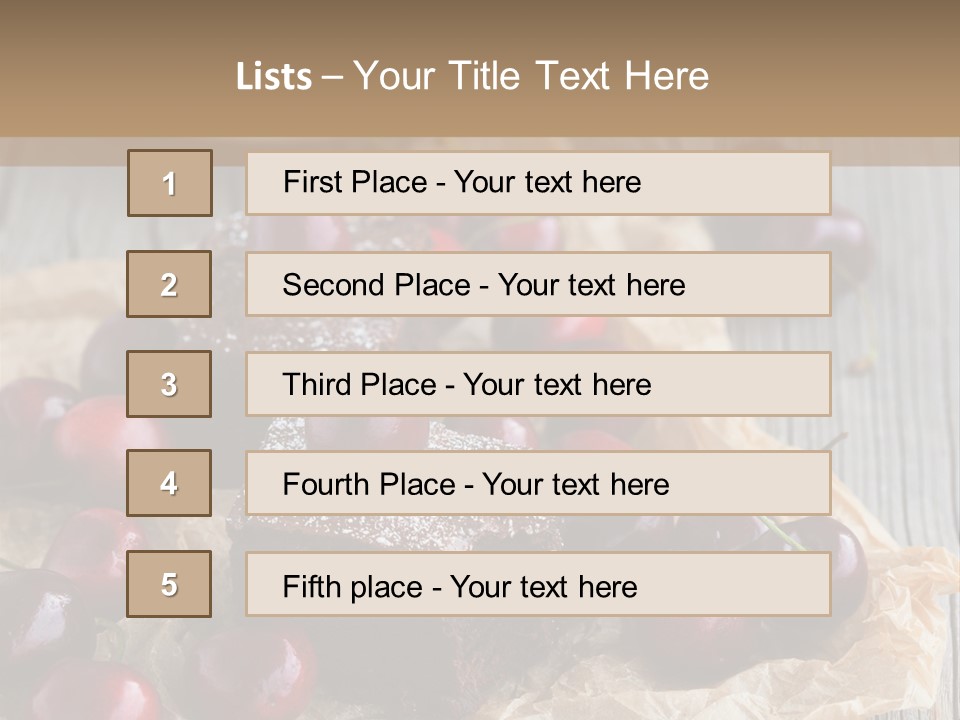 A Piece Of Cake With Cherries And A Cup Of Tea On A Wooden Table PowerPoint Template