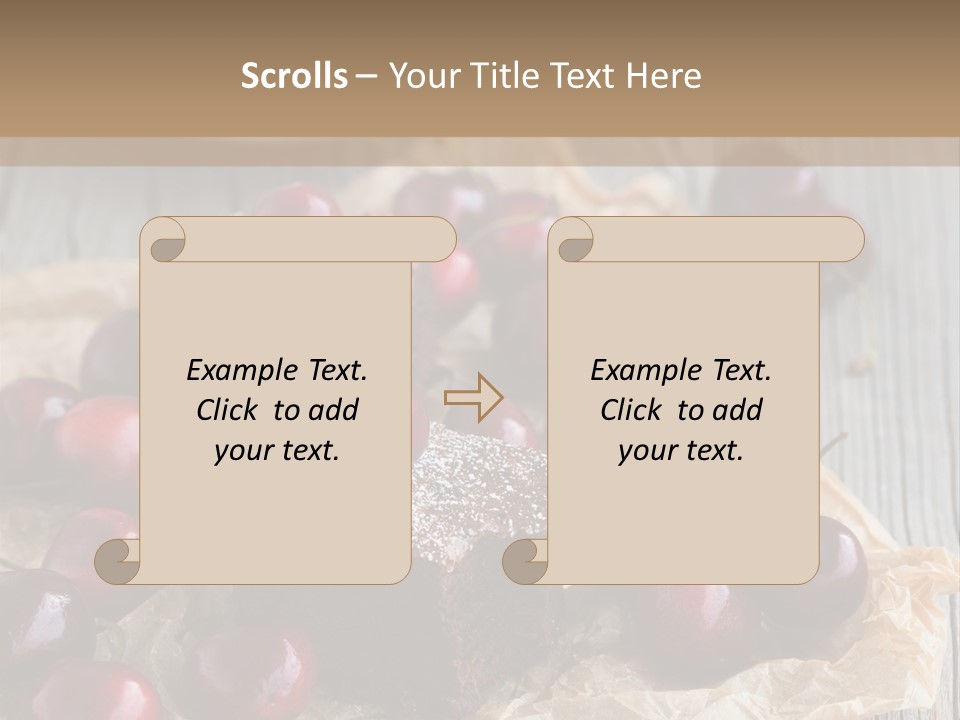 A Piece Of Cake With Cherries And A Cup Of Tea On A Wooden Table PowerPoint Template
