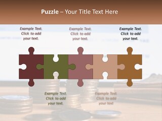 A Pile Of Coins Sitting On Top Of A Wooden Table PowerPoint Template
