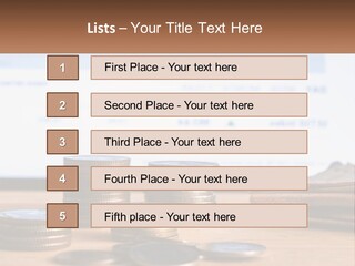 A Pile Of Coins Sitting On Top Of A Wooden Table PowerPoint Template