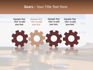 A Pile Of Coins Sitting On Top Of A Wooden Table PowerPoint Template