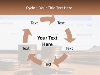 A Pile Of Coins Sitting On Top Of A Wooden Table PowerPoint Template