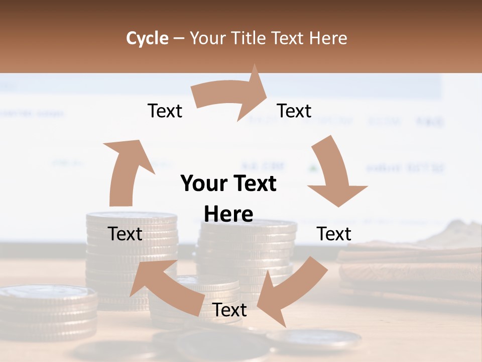 A Pile Of Coins Sitting On Top Of A Wooden Table PowerPoint Template