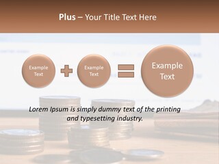A Pile Of Coins Sitting On Top Of A Wooden Table PowerPoint Template