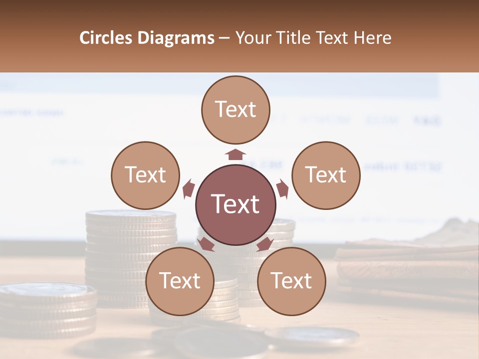 A Pile Of Coins Sitting On Top Of A Wooden Table PowerPoint Template