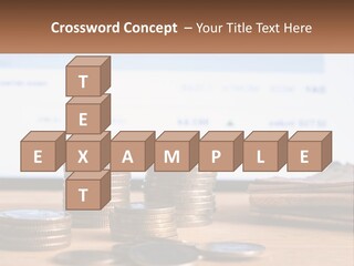 A Pile Of Coins Sitting On Top Of A Wooden Table PowerPoint Template