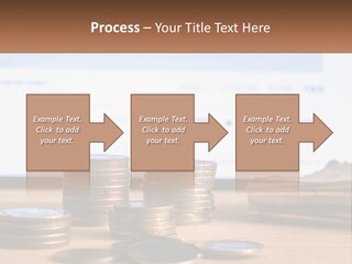 A Pile Of Coins Sitting On Top Of A Wooden Table PowerPoint Template