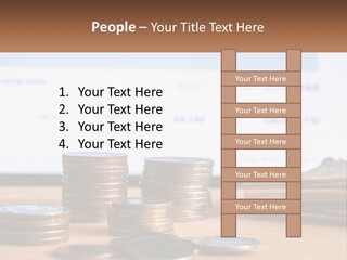A Pile Of Coins Sitting On Top Of A Wooden Table PowerPoint Template