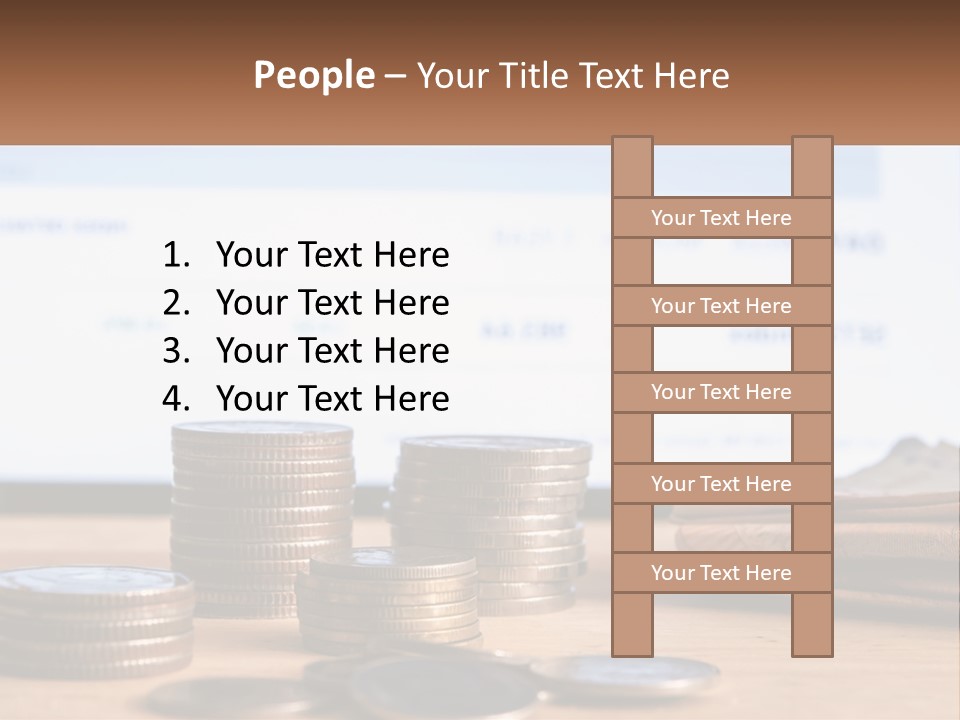 A Pile Of Coins Sitting On Top Of A Wooden Table PowerPoint Template
