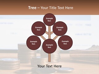 A Pile Of Coins Sitting On Top Of A Wooden Table PowerPoint Template