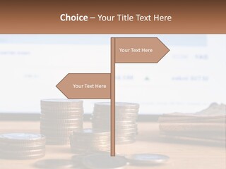 A Pile Of Coins Sitting On Top Of A Wooden Table PowerPoint Template