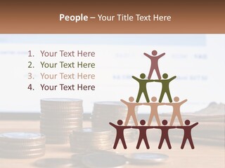 A Pile Of Coins Sitting On Top Of A Wooden Table PowerPoint Template