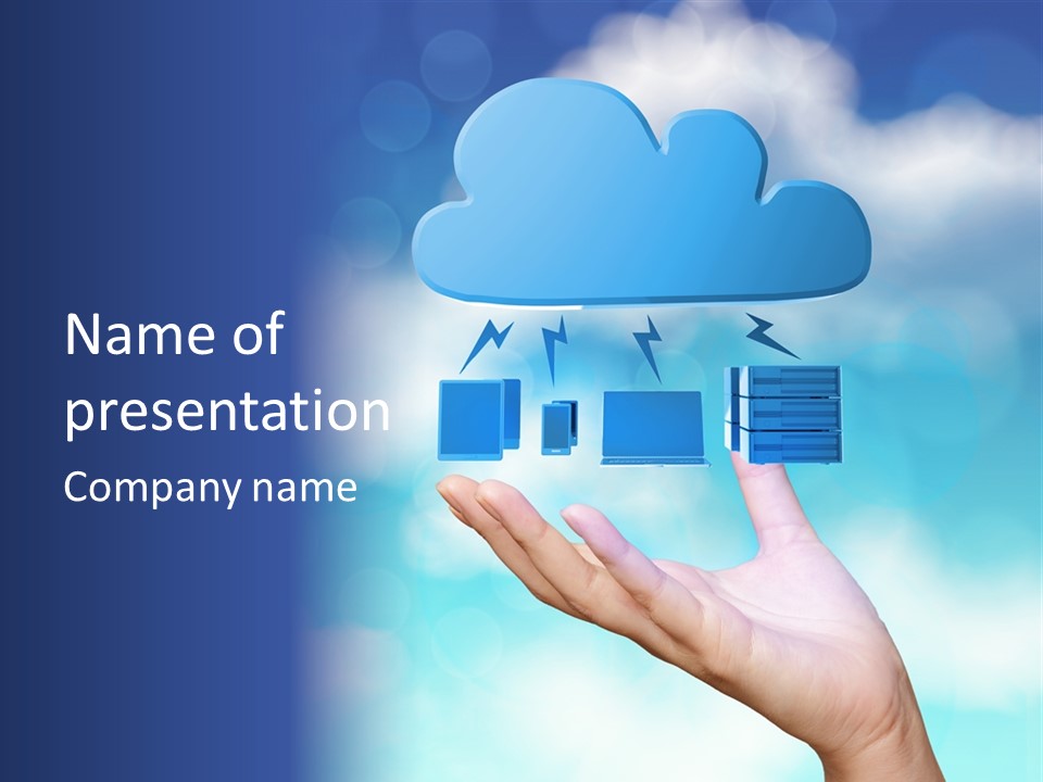 A Hand Holding A Blue Cloud With A Cloud On Top Of It PowerPoint Template