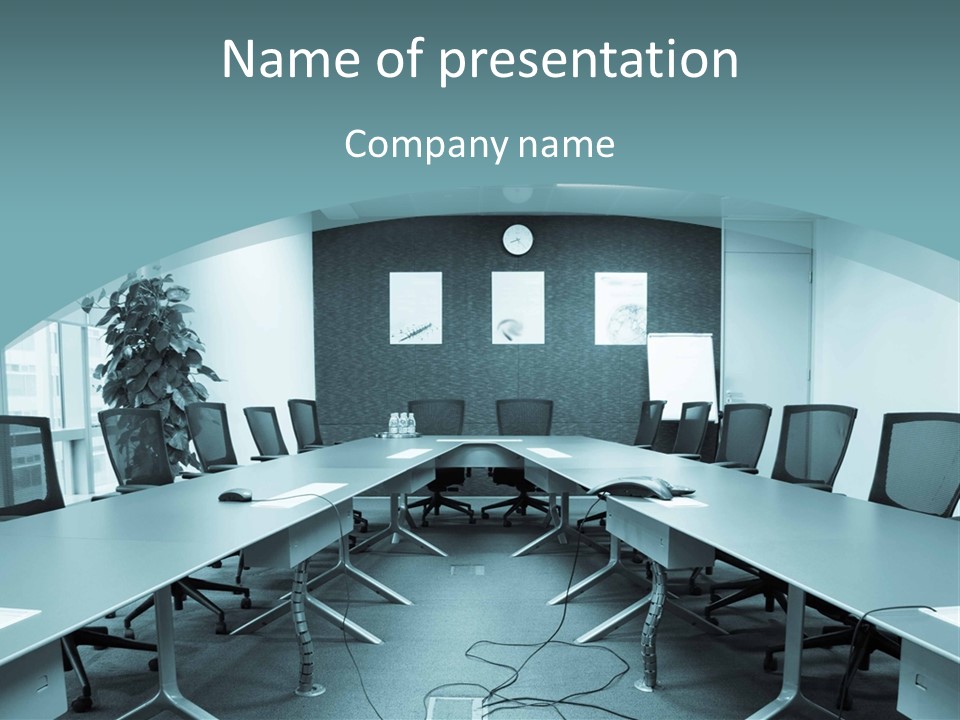 A Conference Room With A Long Table And Chairs PowerPoint Template