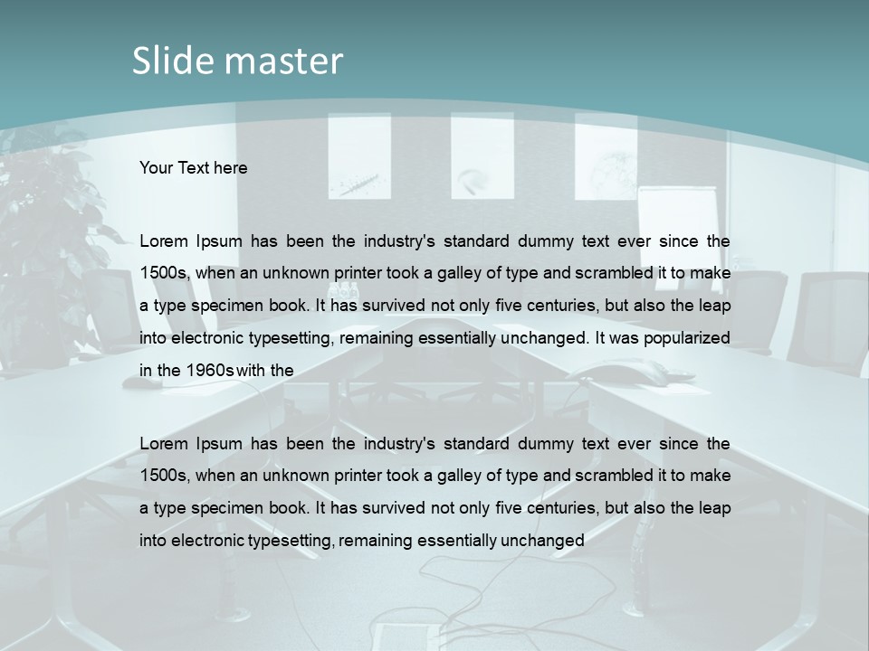 A Conference Room With A Long Table And Chairs PowerPoint Template