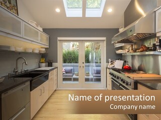 A Kitchen With A Stove Top Oven Sitting Under A Skylight PowerPoint Template