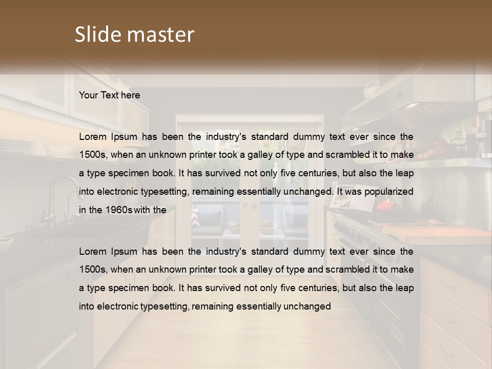 A Kitchen With A Stove Top Oven Sitting Under A Skylight PowerPoint Template