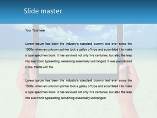 A Person Holding A Tablet With A Beach In The Background PowerPoint Template
