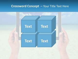 A Person Holding A Tablet With A Beach In The Background PowerPoint Template