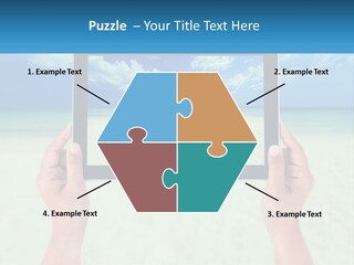 A Person Holding A Tablet With A Beach In The Background PowerPoint Template