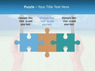 A Person Holding A Tablet With A Beach In The Background PowerPoint Template
