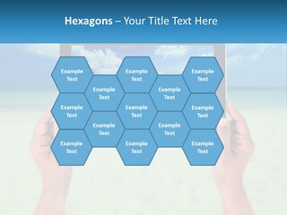 A Person Holding A Tablet With A Beach In The Background PowerPoint Template