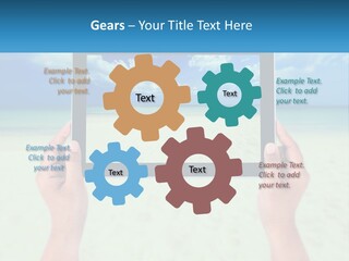 A Person Holding A Tablet With A Beach In The Background PowerPoint Template