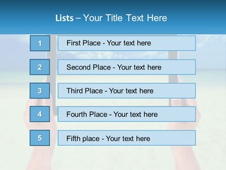 A Person Holding A Tablet With A Beach In The Background PowerPoint Template