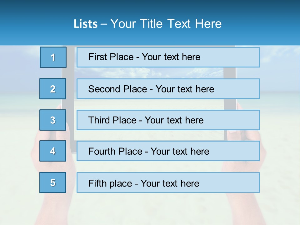A Person Holding A Tablet With A Beach In The Background PowerPoint Template