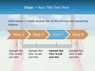 A Person Holding A Tablet With A Beach In The Background PowerPoint Template