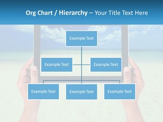 A Person Holding A Tablet With A Beach In The Background PowerPoint Template