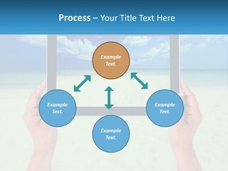 A Person Holding A Tablet With A Beach In The Background PowerPoint Template