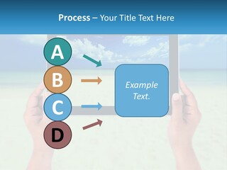 A Person Holding A Tablet With A Beach In The Background PowerPoint Template