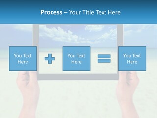 A Person Holding A Tablet With A Beach In The Background PowerPoint Template