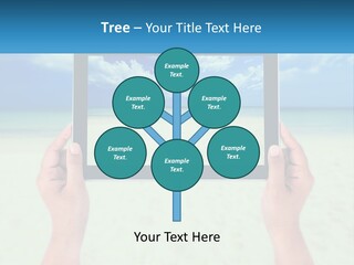 A Person Holding A Tablet With A Beach In The Background PowerPoint Template