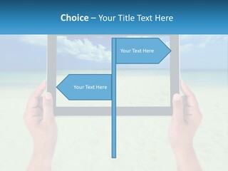 A Person Holding A Tablet With A Beach In The Background PowerPoint Template