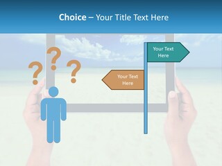 A Person Holding A Tablet With A Beach In The Background PowerPoint Template