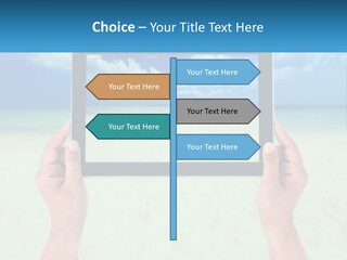 A Person Holding A Tablet With A Beach In The Background PowerPoint Template