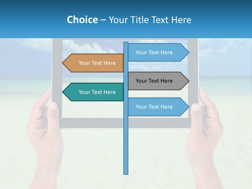 A Person Holding A Tablet With A Beach In The Background PowerPoint Template