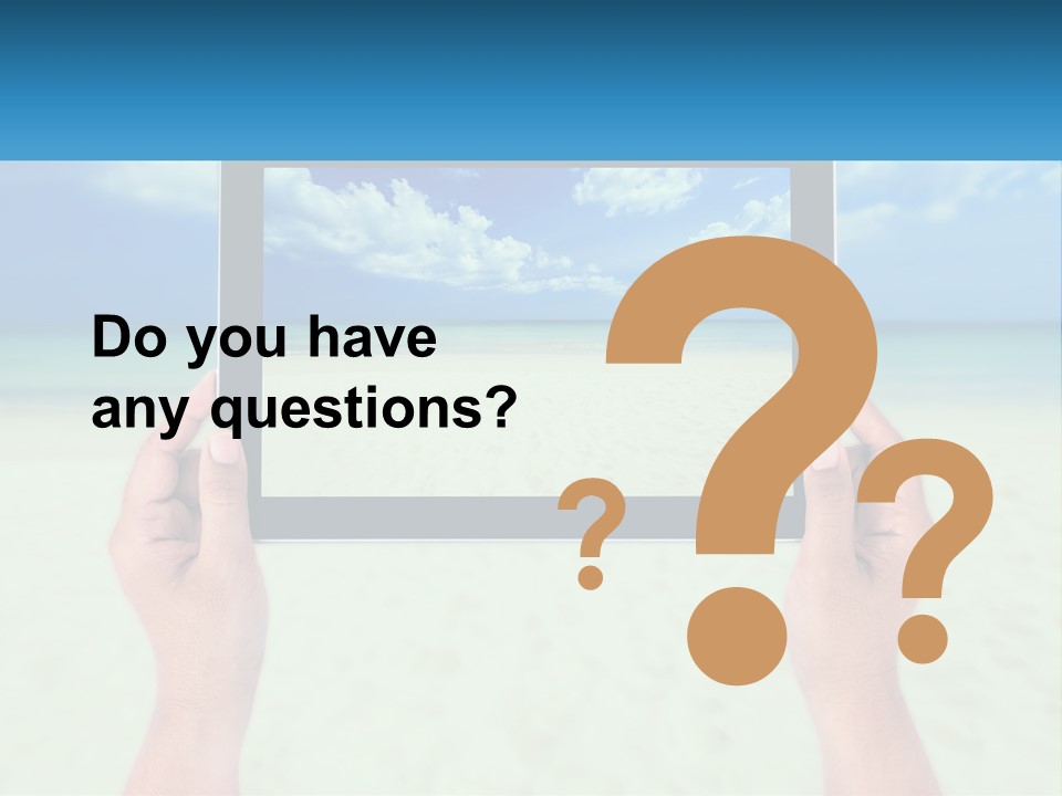 A Person Holding A Tablet With A Beach In The Background PowerPoint Template