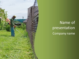 A Man Is Mowing The Grass With A Lawn Mower PowerPoint Template
