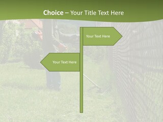 A Man Is Mowing The Grass With A Lawn Mower PowerPoint Template