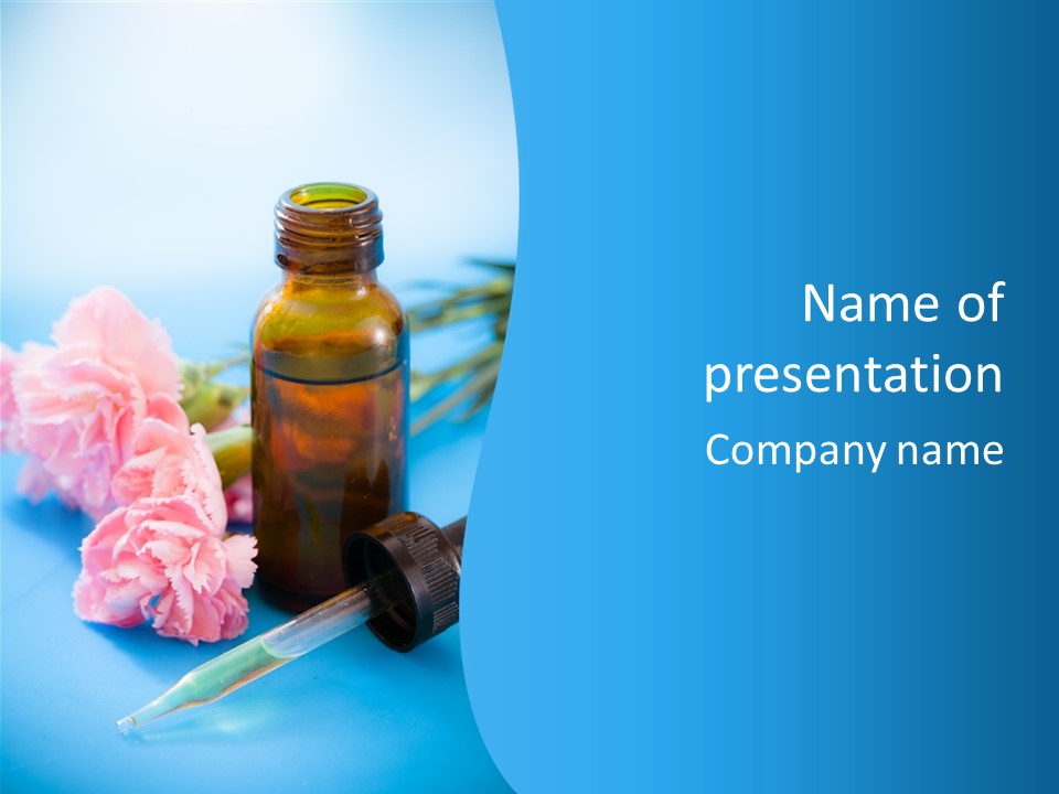A Bottle Of Essential Oils And A Flower On A Blue Background PowerPoint Template