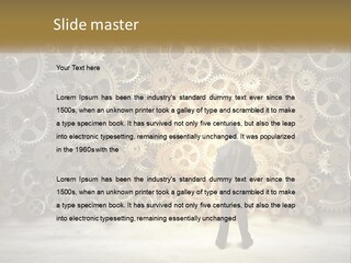 A Man Standing In Front Of A Wall Of Gears PowerPoint Template