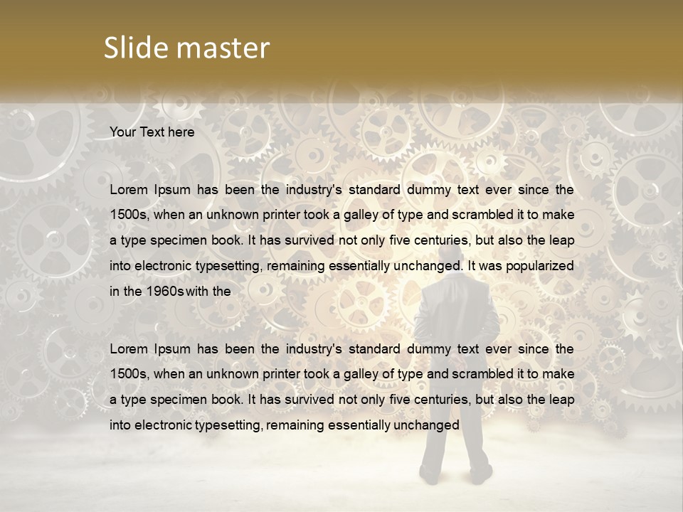 A Man Standing In Front Of A Wall Of Gears PowerPoint Template