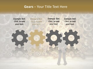 A Man Standing In Front Of A Wall Of Gears PowerPoint Template