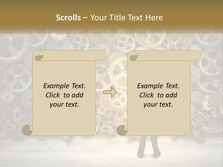 A Man Standing In Front Of A Wall Of Gears PowerPoint Template