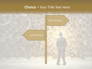 A Man Standing In Front Of A Wall Of Gears PowerPoint Template
