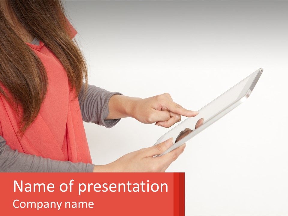 A Woman Holding A Tablet Computer In Her Hands PowerPoint Template
